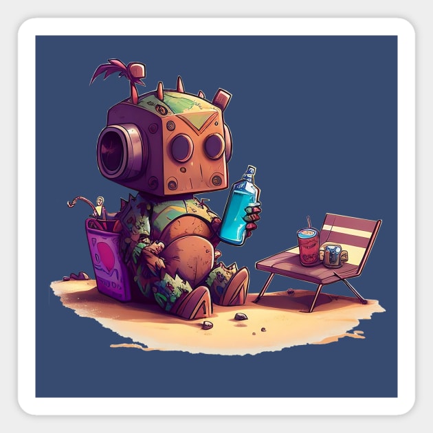 Cute, rusty robot having some snaks. No background. Magnet by Kamila's Ideas